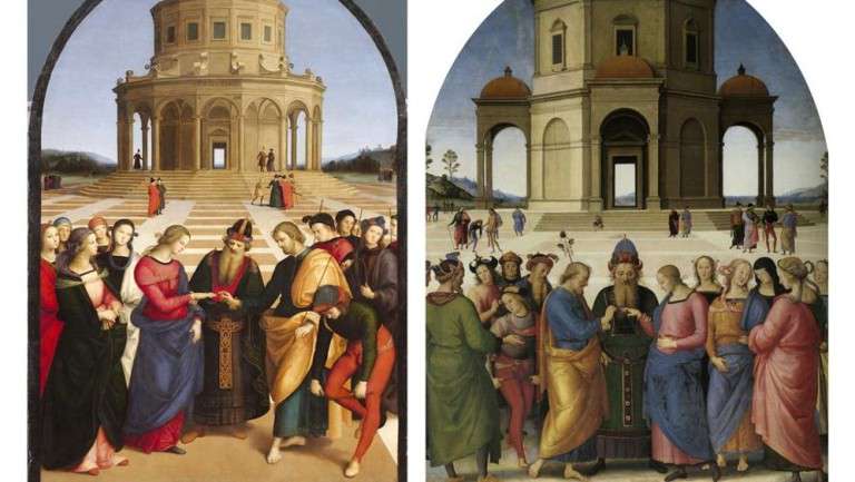 Confronto Sposalizio della Vergine Raffaello Perugino Brera