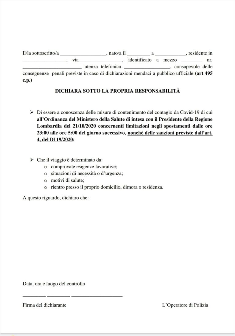 AUTOCERTIFICAZIONE: Ecco Il Modulo Per Potersi Spostare Durante Le ...