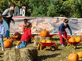 Bambini che giocano con carriole e zucche a Zucca Land Milano 2026 all'Oasi Ca' Granda