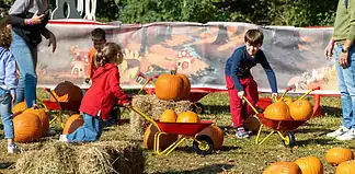 Bambini che giocano con carriole e zucche a Zucca Land Milano 2026 all'Oasi Ca' Granda