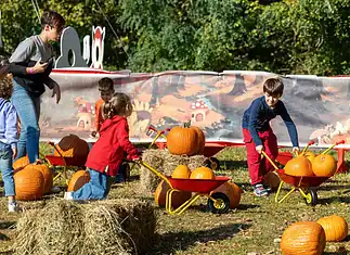 Bambini che giocano con carriole e zucche a Zucca Land Milano 2026 all'Oasi Ca' Granda
