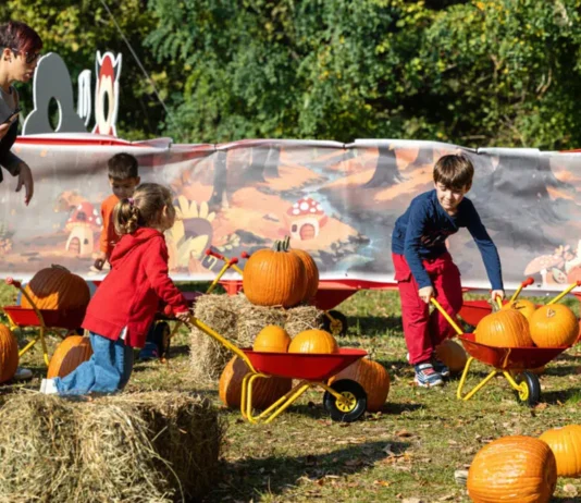 Bambini che giocano con carriole e zucche a Zucca Land Milano 2026 all'Oasi Ca' Granda